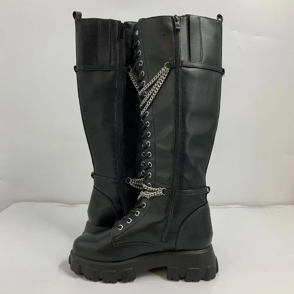 Hot Topic Women’s Black‎ Chains Platform Side Zip Knee-High Boots Size 10 NWOB - Picture 3 of 16